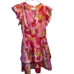 PINCH Women's Pink Gold Floral Print Ruffle Sleeve Tiered Mini Spring/Fall Dress
